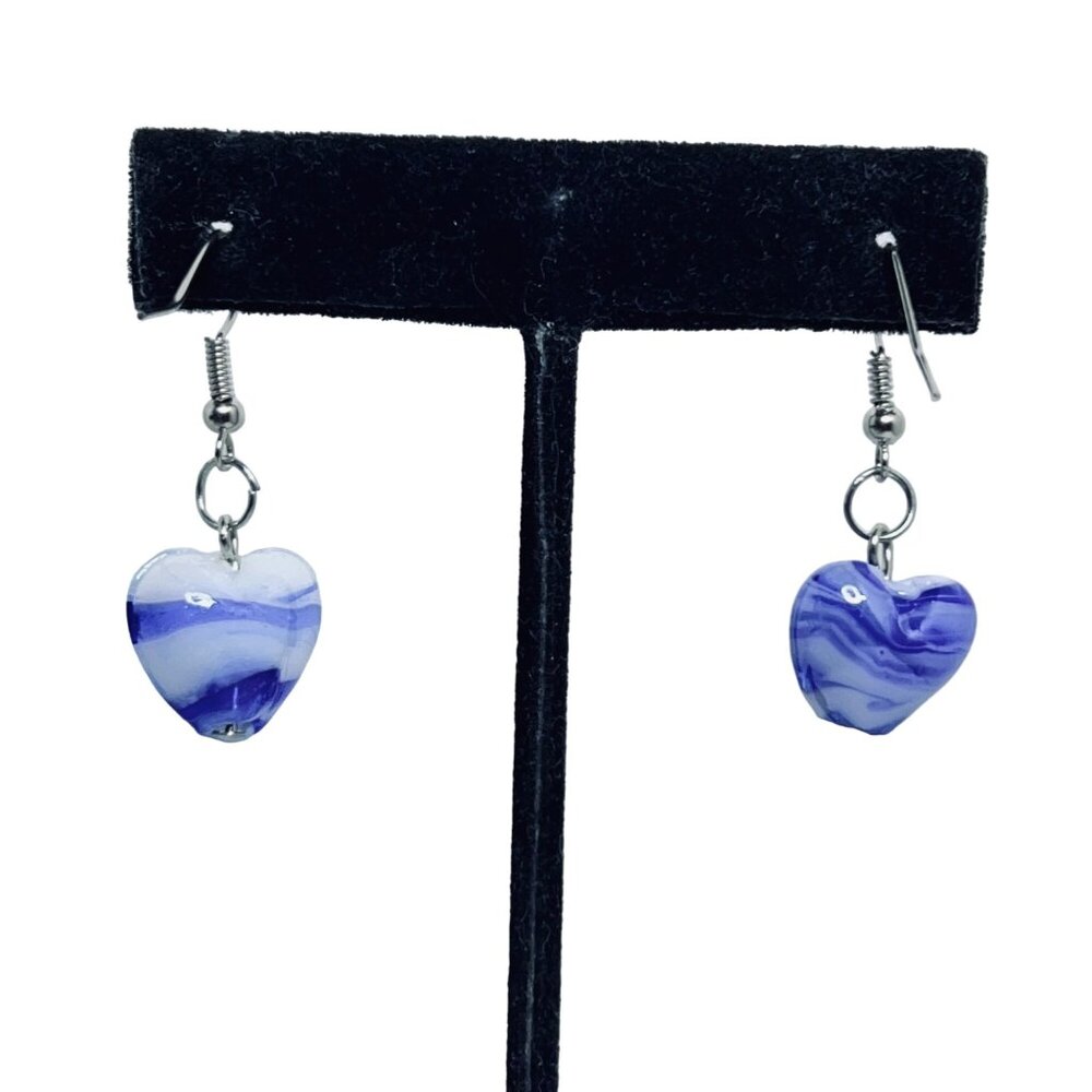 Silver Plated Pierced Dangle Earrings With Blue & White Glass Heart Bead (5479) - Picture 3 of 5